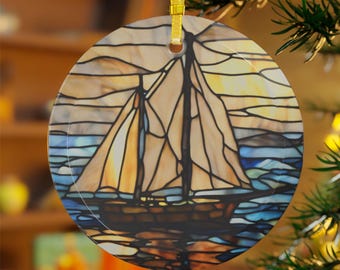 Nautical Stained Glass Sun Catcher Sailboat Glass Ornament Beach House Home Decor Window Hang