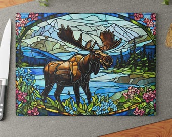 Moose Stained Glass Cutting Board: Montana Landscape Tempered Glass Serving Tray