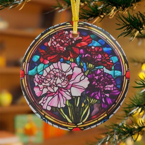 Carnation Stained Glass Style Personalizable Birth Month Flower Glass Ornaments January Birth Monday Window Hang Suncatcher