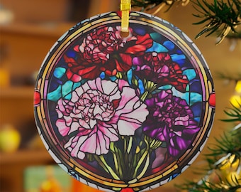 Carnation Stained Glass Style Ornament: January Birth Flower Suncatcher