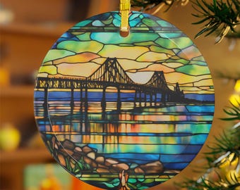 Chesapeake Bay Bridge Sunset Glass Ornament: Holiday Suncatcher