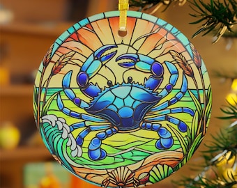 Maryland Blue Crab Stained Glass Style Ornament: Coastal Christmas Decor