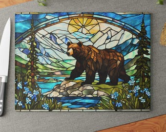 Grizzly Bear Glass Cutting Board: Stained Glass Alaskan Landscape
