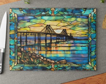 Chesapeake Bay Bridge Glass Cutting Board: Coastal Kitchen Decor