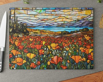 Stained Glass Style Cutting Board: California Poppy Field Scenic Art