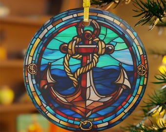 Nautical Glass Ornament Stained Glass Window Hang Ships Anchor Suncatcher Beach House Decor