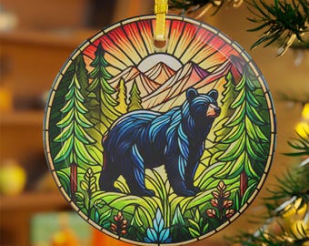 Black Bear Stained Glass Ornament: Mountain Landscape Window Hanging