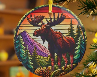 Stained Glass Moose Ornament: Mountain Sun Catcher, Colorado Gift