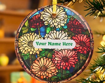 Personalizable Stained Glass Chrysanthemum Ornament: November Birth Flower Suncatcher