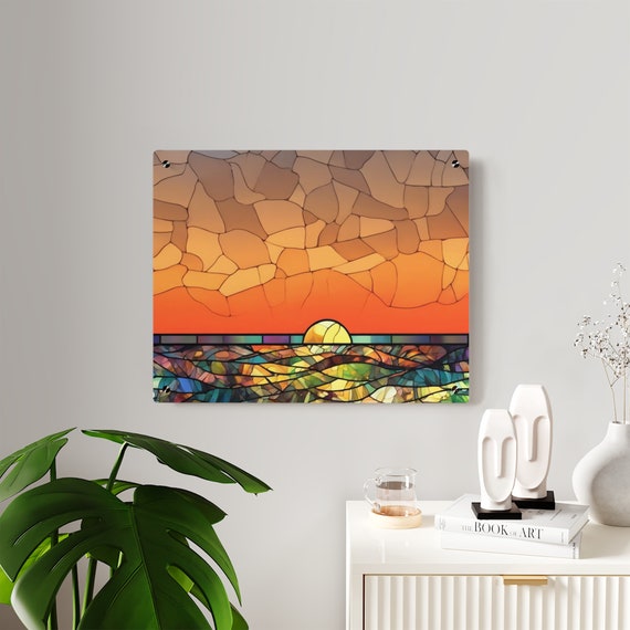 グラス ステンド アート 海 夕日 夕日のステンドグラス アクリル