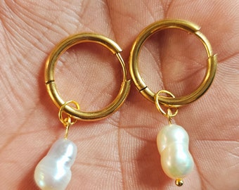 18K Gold Plated Hoop Earrings, Real Baroque Pearl Dangle