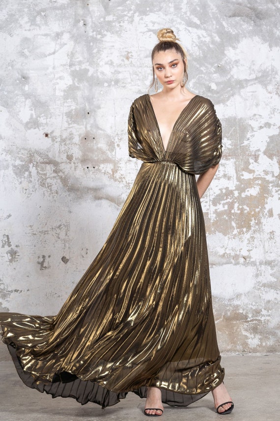 Gold Metallic Gold Pleated Fabric Maxi 