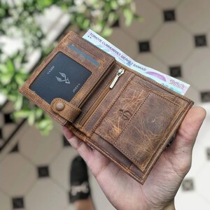 Cartera de cuero para hombre Cartera personalizada con compartimento para monedas con 2 ventanas de identificación para él Cartera de cuero para hombre Regalo de Navidad