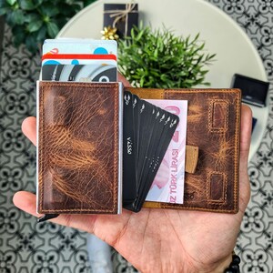 Braun Pop Up Mechaniker Brieftasche Kartenhalter aus echtem Leder Abtrennen RFID-Schutz Mini Geldbörse für Frau Debit- & Kreditkartensteckplatz Mann Geschenk für
