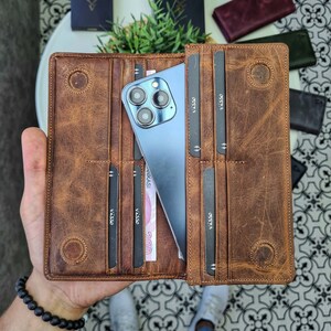 Cartera personalizada con soporte para teléfono, billetera larga de cuero genuino, bolso de mano marrón, regalo de Navidad