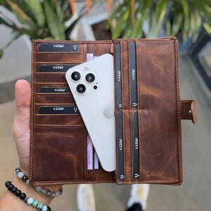 Cartera personalizada con soporte para teléfono, billetera larga de cuero genuino, bolso de mano marrón, regalo de Navidad