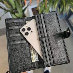 Cartera de cuero larga, cartera de cuero personalizada con compartimento para teléfono, cartera plegable, cartera grande para hombres, regalo para él