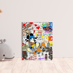 Pintura Pop Art Mickey Urban Skating colorido, Pintura Street Art Donald Daisy Disney cómics dibujos animados, decoración habitación infantil, regalo
