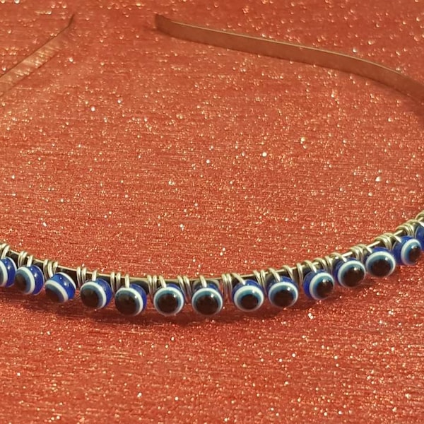 Evil eye blue bead silver headband handcrafted protection talisman symbol