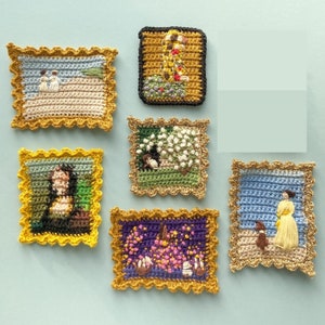 May include: A collection of ten handmade crocheted wall hangings with various designs, including flowers, landscapes, and figures. The hangings are all framed with a yellow crocheted border.