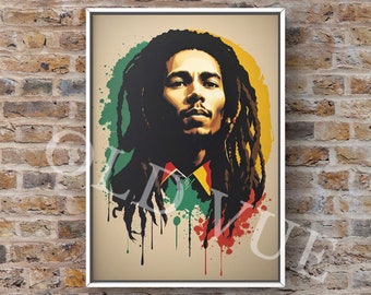Bob Marley Reggae - Portrait Print 8 x 12 inches or 6 x 8 inches / Music Graphic Print. - Perfect Present / Gift