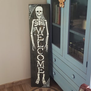Welcome Skeleton Seasonal Halloween Wood Door Sign Vertical Porch Leaner