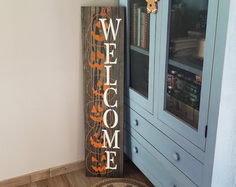 Welcome Jack o Lantern Pumpkin Seasonal Halloween Wood Door Sign Vertical Porch Leaner