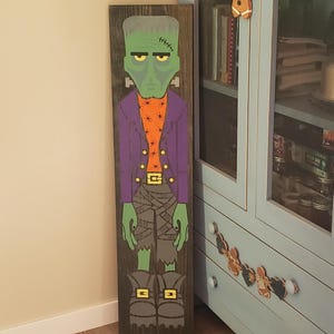 Hello Frankenstein Fall Halloween Vertical Wood Door Sign Porch Leaner Sitter