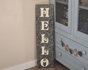Hello Welcome Wood Door Sign Vertical Porch Leaner