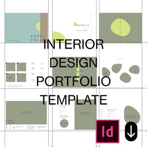 Puede incluir: Una plantilla para un portafolio de diseño de interiores. El diseño presenta un diseño de cuadrícula con páginas en tonos de verde, gris y blanco. El texto "INTERIOR DESIGN PORTFOLIO TEMPLATE" se muestra de forma destacada. Incluye un icono de Adobe InDesign.