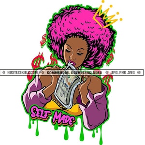 Melanin Woman Pink Afro Hair Self Made Hustler Black Diva Queen Money Dollar Grind Hustle Skillz SVG PNG JPG Vector Cut Cricut Silhouette