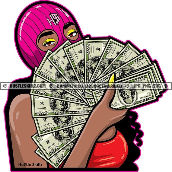 Black Woman Pink Ski Mask Cash Money Dollars Spread Gamble Etsy