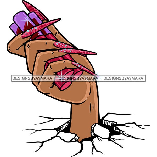 Melanin Woman Hand Holding Lipstick Cosmetic Ground Long Nails Business Logo Boss Lady Salon Spa SVG PNG JPG Print Vector Cutting Designs