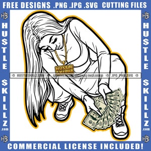 Young Black Woman Counting Money Cash Long Hair Sneakers Necklace Coloring Hustler Grind Skillz SVG PNG JPG Vector Cutting Cricut Silhouette