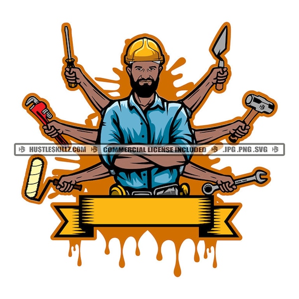 Black Handyman Logo Construction Man Work Tools Ribbon Business Grind Hustling Hustle Skillz SVG PNG JPG Vector Cutting Cricut Silhouette