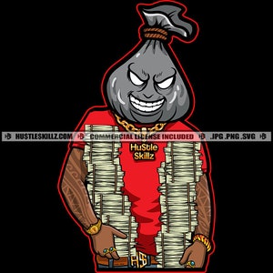 Gangster Money Bag Man Head Money Stacks Evil Smile Dollar No Eyes Grind Hustler Hustle Skillz SVG PNG JPG Vector Cutting Cricut Silhouette