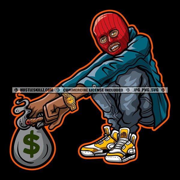 Gangster Black Man Ski Mask Money Bag Grind Quotes Street Ghetto Hustler Dope Boy Hustle Skillz SVG PNG JPG Vector Cricut Silhouette Cutting