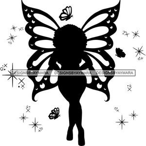 Butterfly Woman Fairy African American Lady Big Wings Fantasy Fairytale Magic Girl Afro Hairstyle SVG PNG JPG Vector Cutting Designs Print
