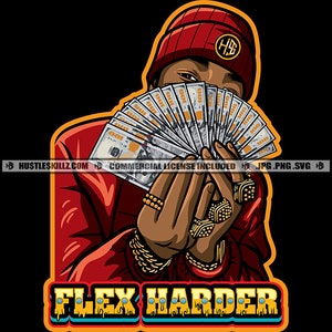 Flex Hard Gangster Black Man Winter Hat Anneaux d’or Argent Cash Ghetto Thug Brag Hustle Skillz SVG PNG JPG Vector Cricut Silhouette Coupe