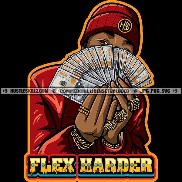 Flex Hard Gangster Black Man Winter Hat Gold Rings Money Cash Ghetto Thug Brag Hustle Skillz SVG PNG JPG Vector Cricut Silhouette Cutting