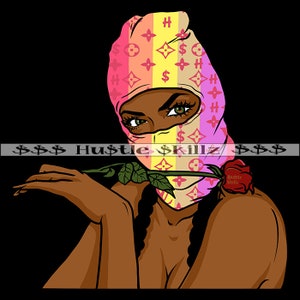 Gangster Woman Wearing Ski Mask Rose In Mouth Gangsta Dope Girl Hustle Skillz Hustling Hustler SVG PNG JPG Vector Cutting Cricut Silhouette