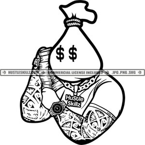 Money Bag Dollar Sign Man&#39;s Body Muscles Stacks Cash Grind Chain Watch T-Shirt Hustle Skillz SVG PNG JPG Vector Cutting Cricut Silhouette