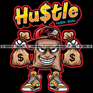 Money Bag Cartoon Character Holding Money Bags Evil Sarcastic Smile Face Hustler Hustle Skillz SVG PNG JPG Vector Cutting Cricut Silhouette
