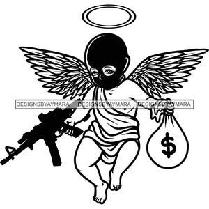 Gangster Baby Angle Statue Riffle Geldsack Ski Maske Einbrecher Tattoo Hip Hop Rap Flügel Fantasy Hustler Grind SVG PNG JPG Cutting Design Print