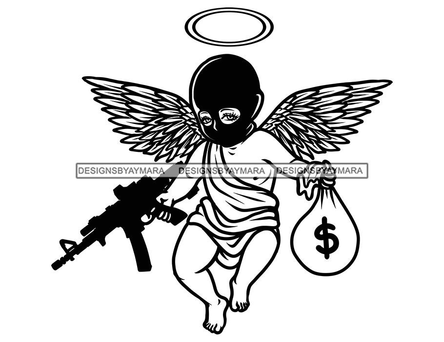 Gangster Baby Angle Statue Riffle Money Bag Ski Mask Burglar Tattoo Hip Hop Rap Wings Fantasy Hustler Grind SVG PNG JPG Cutting Design Print