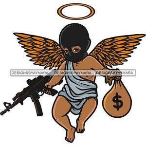 Gangster Baby Winkel halten Riffle Geldsack Ski Maske Einbrecher Tattoo Hip Hop Rap Flügel Fantasy Hustler Grind SVG PNG JPG Schnitt Designs Print