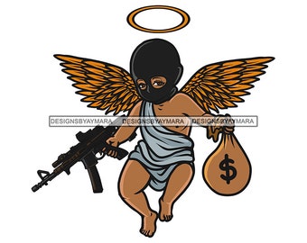 Gangster Baby Angle Holding Riffle Money Bag Ski Mask Burglar Tattoo Hip Hop Rap Wings Fantasy Hustler Grind SVG PNG JPG Cut Designs Print