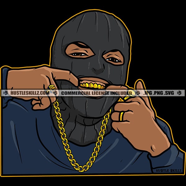 Black Man Ski Mask Showing Gold Grill Teeth Rings Chains Gangster Hustler Grind Hustling Skillz SVG PNG JPG Vector Cutting Cricut Silhouette