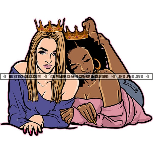 Two Queens Black White Crowns Royalty Off Shoulder Tops Legs Jean Shorts Grind Hustling Skillz SVG PNG JPG Vector Cutting Cricut Silhouette