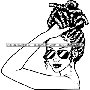 Melanin Woman Hand On Her Hair Dreadlocks Messy Bun Hairstyle Fashion Sunglasses African Lady SVG PNG JPG Print Vector Cut Cutting Designs